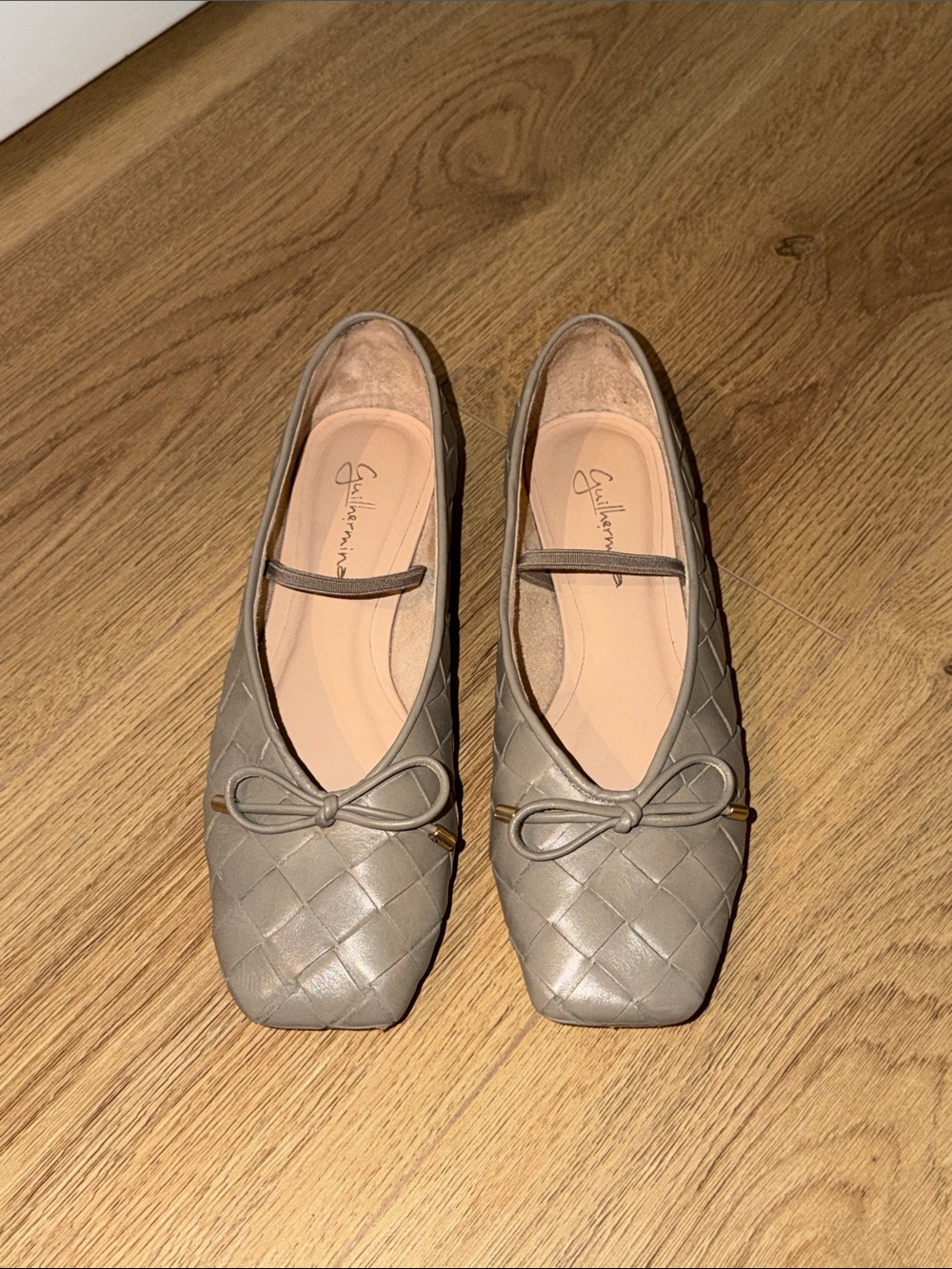 GUILHERMINA Genuine Woven Leather Square-Toe Ballet Flats with Bow in Taupe